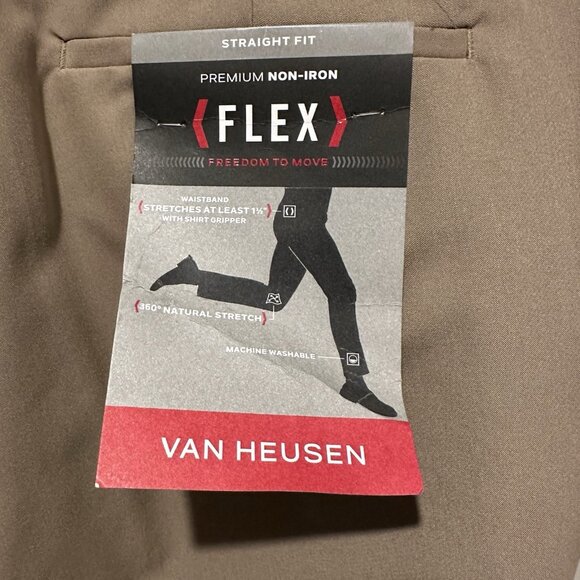 Van Heusen NWT Dress Pants Mens 34x32 Straight Fit Flat Front Flex Stretch Beige - Picture 6 of 8
